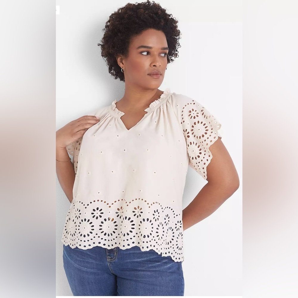 Lane Bryant Crop Scallop-Hem Ruffle-Neck Top size: 26/28 color: beige